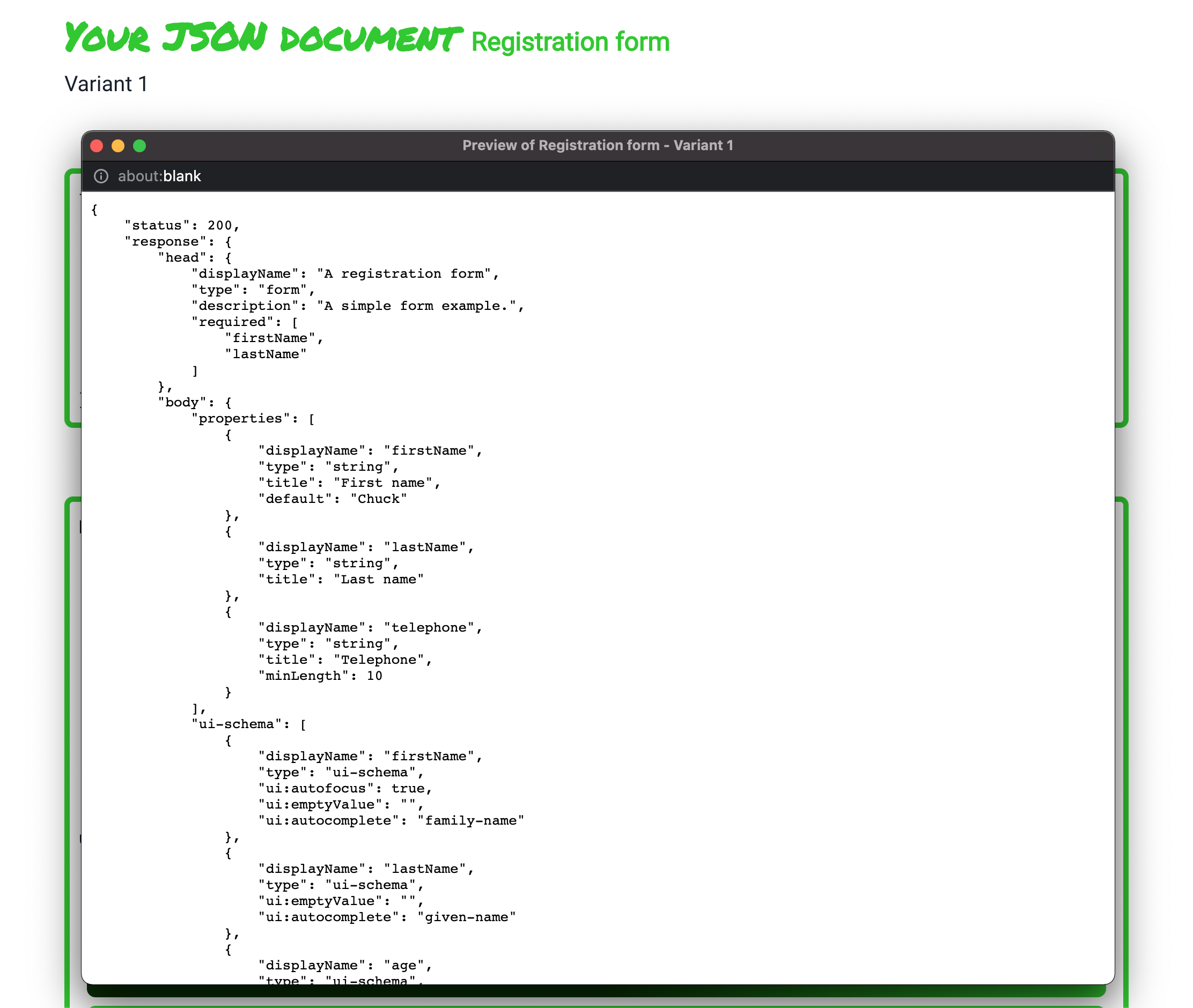 tyny.dev JSON preview for the registration form schema